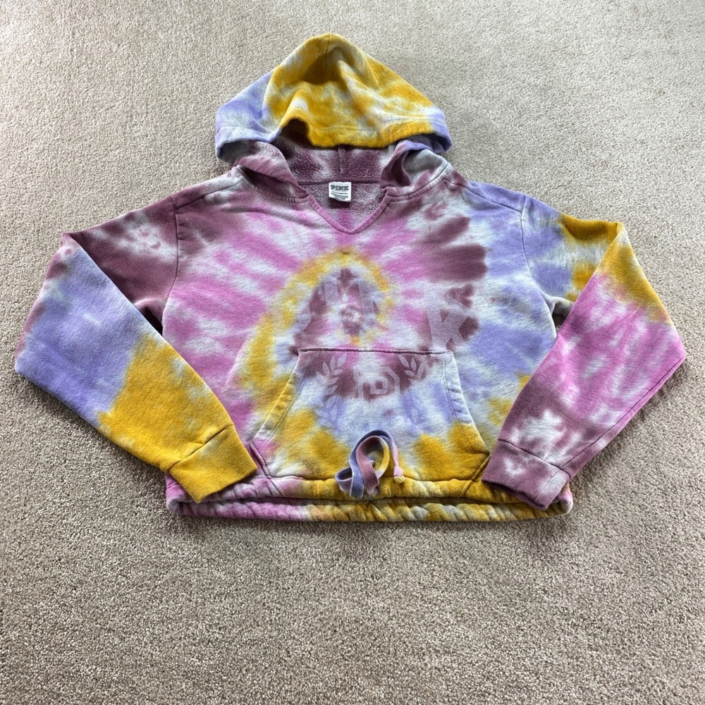 Pink Victorias Secret Hoodie Womens XS Tie Dye Purple Yellow Cropped Pullover